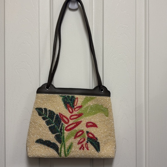 Floral Beaded Cream and Green trim Women's Bag - Picture 2 of 7